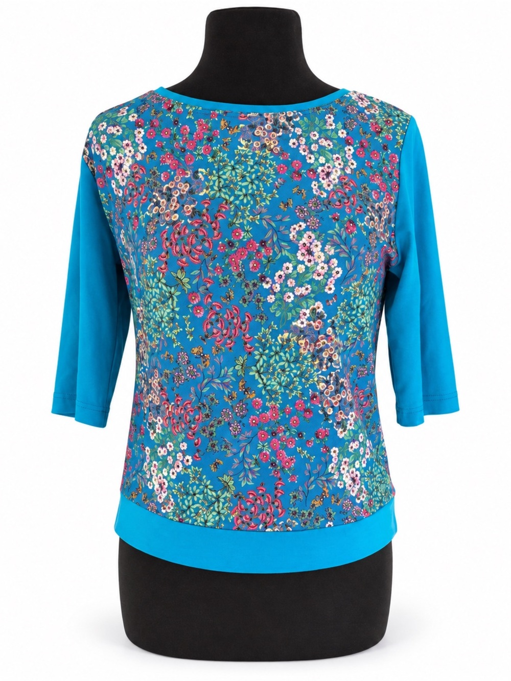 Floral Boatneck Three-Quarter Sleeve Top - Blue